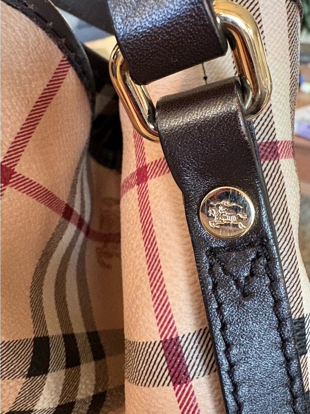 Authentic Burberry Beige Nova Check Tote with Dark Brown Leather and Gold Accent